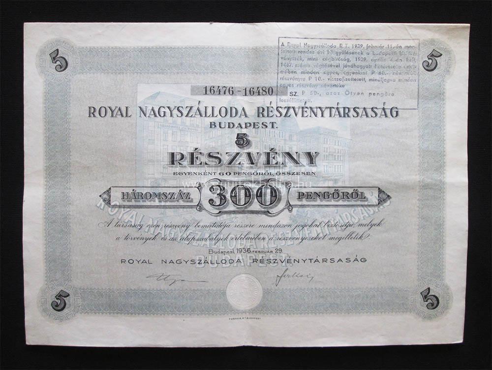 Royal Nagyszlloda rszvny 5x60 peng 1936